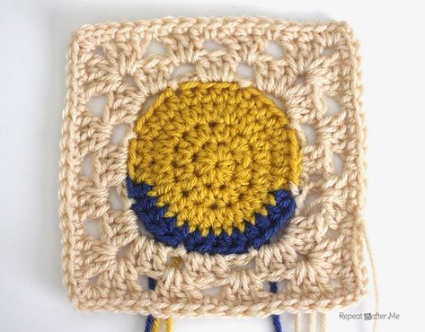 Materials:  – Worsted Weight Yarn in yellow, blue, white, gray and background color (I used cream) – Size H crochet hook  – Small black button  – Tapestry needle  Abbreviations:  Magic Ring Tutorial  SC = Single Crochet  HDC = Half Double Crochet  DC = Double Crochet Crochet Minion, Minion Pattern, Minion Crochet, Repeat Crafter Me, Crochet Granny Square Blanket, Granny Squares Pattern, Granny Square Crochet Pattern, Crochet Squares, Granny Squares