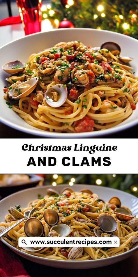 For a fresh and light Christmas meal, try this Linguine and Clams. The garlic and white wine sauce brings out the natural sweetness of the clams, making it a perfect addition to your holiday feast. Clam And Mussel Pasta, Linguine And Clams Red Sauce, Clam And Linguine Recipes, Pasta And Clams Sauce Recipes, Seafood Linguini White Wine Sauce, Clams And Linguine White Wine, White Clam Sauce Recipe Linguine, Clam Pasta Recipe Linguine, Clam Recipes Fresh