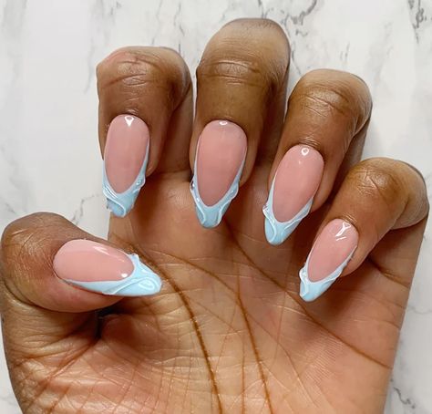 Medium Length Almond Nails, Blue French Tip, Blue French Tips, French Tip Press On Nails, Nails Arts, Nails 3d, Almond Acrylic Nails, Blue French, Almond Shape