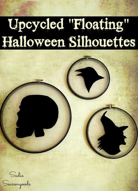 Upcycle Embroidery, Upcycle Halloween, Halloween Window Silhouettes, Halloween Silhouette, Halloween Window Decorations, Halloween Craft Projects, Thrift Store Decor, Halloween Clips, Halloween Window