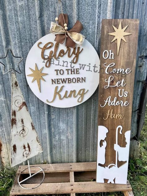 Jesus Christmas Decor, Jesus Christmas Decorations, Glory To The Newborn King, Come Let Us Adore Him, Newborn Christmas, Xmas Deco, Christmas Signs Wood, Christmas Jesus, Wooden Door Hangers