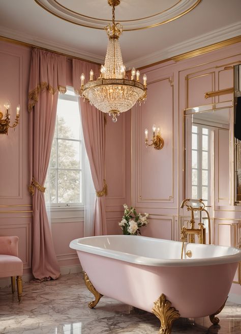 Transform your self-care routine into a lavish experience with this stunning bathroom! Featuring a central freestanding bathtub that beckons relaxation, the delicate blend of soft pink and crisp white creates a serene yet chic atmosphere. The golden accents and a breathtaking chandelier add an air of sophistication, making it the perfect backdrop for a luxurious bubble bath. #BathroomInspo #ChandelierDreams #LuxuriousLiving Sophisticated Pink Bathroom, White Bathroom Pink Accents, Soft Pink Bathroom Ideas, Female Bathroom Ideas, Coquette Bathroom, Glam Bathroom Ideas, Pink And Gold Bathroom, Parisian Bathroom, Bathroom Chandelier