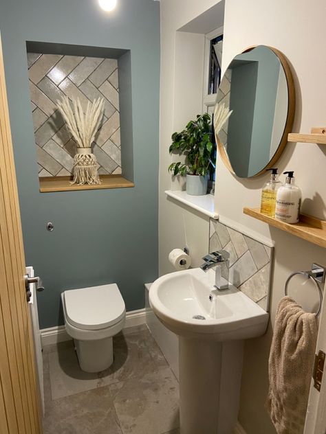 Country Toilet Ideas, Farrow And Ball Oval Room Blue Bathroom, Downstairs Toilet Paint Ideas, Blue Downstairs Toilet, Downstairs Toilet Tiling Ideas, Pastel Toilet, Downstairs Toilet Ideas Uk, Tiled Toilet Room, Down Stairs Toilet