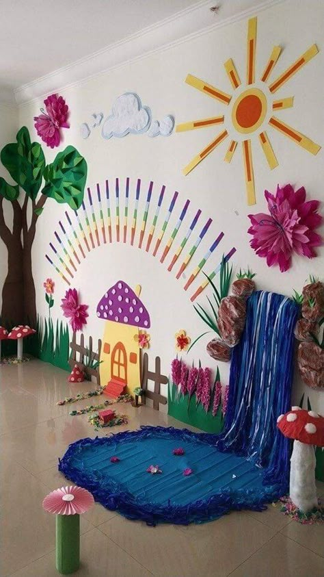 School Decoration Ideas for Spring Season • K4 Craft House Waterfall, Paper Mache Tree, Enchanted Forest Birthday, Flower Crafts Kids, Diy Classroom Decorations, School Board Decoration, Kindergarten Classroom Decor, Rainbow House, Forest Birthday