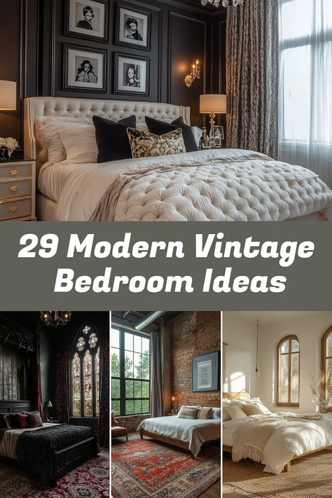 Blend vintage charm with contemporary style using these 29 modern vintage bedroom ideas! Featuring retro-inspired decor with modern finishes, these designs bring a fresh, clean look to your bedroom. 🛏️💫 #ModernVintageBedroom #ContemporaryStyle #VintageCharm Modern Bedroom With Vintage Furniture, Vintage Modern Guest Bedroom, Black Vintage Bedroom Ideas, Vintage Glam Aesthetic Bedroom, Vintage Modern Bedroom Ideas, Modern Vintage Bedroom Pink, Modern Vintage Decor Interior Design, Vintage Glam Bed, Victorian Room Ideas