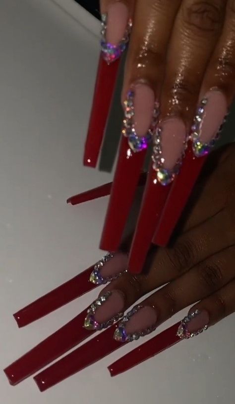 Red Bottom Nails With Rhinestones, Red Rhinestone French Tip Nails, Black And Red Rhinestone Nails, Black And Silver Red Bottom Nails, Long Red Nail Ideas With Diamonds, Blinged Out Nails Rhinestones Red, Red Bling Nails Rhinestones, Black Nails With Red Rhinestones, Red Exotic Nails