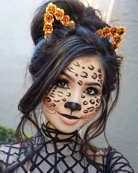 Leopard Halloween Makeup www.instagram.com/kimberlyx3you Leopard Makeup Halloween Kids, Easy Lepord Makeup Halloween, Lepord Halloween Costume Makeup, Kid Halloween Makeup, Cute Halloween Makeup Looks Easy, Halloween Makeup Kids, Kids Halloween Makeup, Leopard Makeup Halloween, Cheetah Makeup