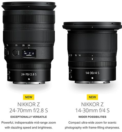 The new Nikon NIKKOR Z 14-30mm f/4 S and NIKKOR Z 24-70mm f/2.8 S mirrorless lenses to start shipping on April 19th - Nikon Rumors Camera Store, System Camera, Canon Camera, Nikon Photography, Red Green Yellow, Dslr Camera, Green Yellow, Nikon, Red Blue