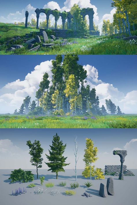 Game Landscape Design, Simple Environment Concept Art, Stylized Game Environment, 3d Environment Design, Architecture Landscape Drawing, Garden Concept Art, Blender Landscape, Forest Ruins, Stylized Forest