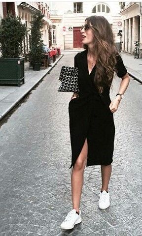 Wrap Dress Sneakers, Office Dress With Sneakers, Dress With Sneakers Work Outfit, Business Dress With Sneakers, Wrap Dress And Sneakers Outfit, Black Dress With Trainers, Black Pencil Dress Outfit Casual, Work Dresses With Sneakers, Sneakers Dressed Up