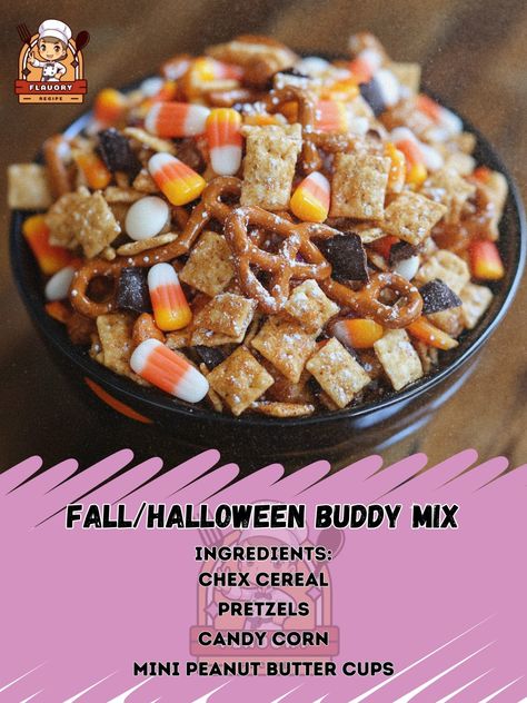 🍬👻 Get ready for fall with this sweet and spooky Fall/Halloween Buddy Mix—perfect for parties! 🎃✨ #HalloweenTreats #FallSnacks Fall/Halloween Buddy Mix Ingredients: Chex cereal (5 cups) Pretzels (2 cups) Candy corn (1 cup) Mini peanut butter cups (1 cup) White chocolate chips (1 cup) Powdered sugar (1 cup) Orange and black sprinkles (for garnish) Instructions: In a large bowl, combine Chex cereal and pretzels. Melt white chocolate chips in the microwave, stirring until smooth. Pour melted ... Candy Corn Muddy Buddies, Snack Mix With Candy Corn, Fall Chex Mix Recipes Candy Corn, Fall Snack Mix With Candy Corn, Melt White Chocolate Chips, Fall Chex Mix Recipes, Sweet And Crunchy Halloween Chex Mix Recipes, Candy Corn Bowl, Harvest Chex Mix Candy Corn