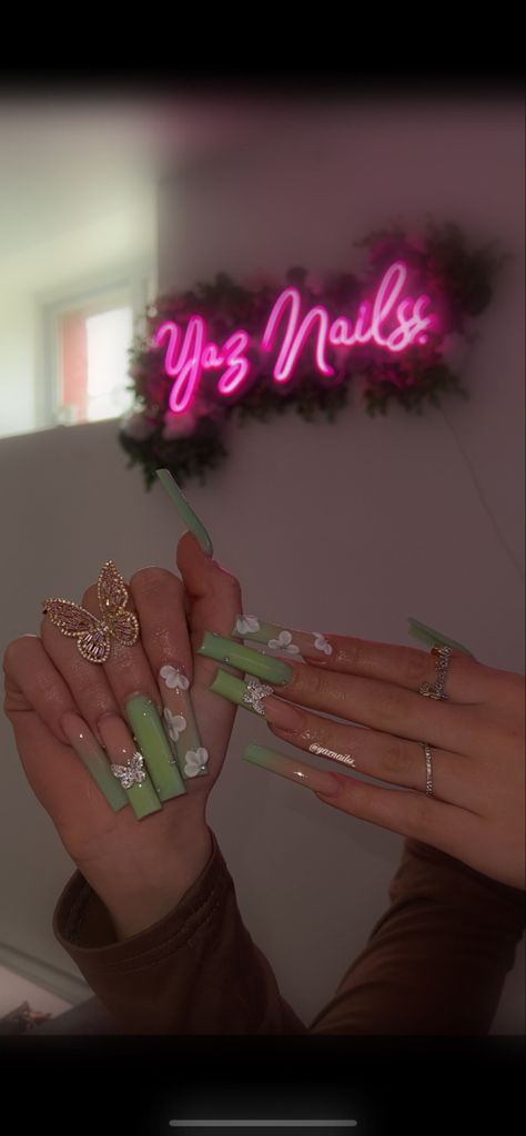 Spring Nails Square Long, Nails Green Quince, Green Vacation Nails, Sage Green Butterfly Nails, Green Acrylic Nails With Butterflies, Green Nails Butterflies, Sage Green Acrylic Nails, Green Xl Acrylic Nails, Green Baddie Nails