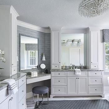 Built In Corner Makeup Vanity with Blue Stool Makeup Vanity Built In, Washroom Ideas, Open Concept Bathroom, Corner Makeup Vanity, Vanity In Bathroom, Restroom Ideas, Bathroom 2023, Corner Bathroom Vanity, Spacious Bathroom