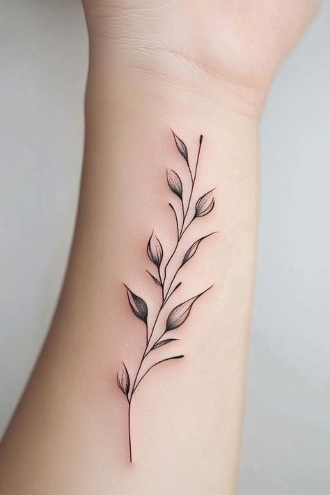 Delicate black ink tattoo of a minimalist leafy branch on a forearm. Small Tattoo Designs For Women, Tiny Symbols, Small Anchor Tattoos, Small Bee Tattoo, Tattoos Ankle, Tiny Designs, Small Cross Tattoo, Female Tattoo Ideas, Small Tattoos For Women