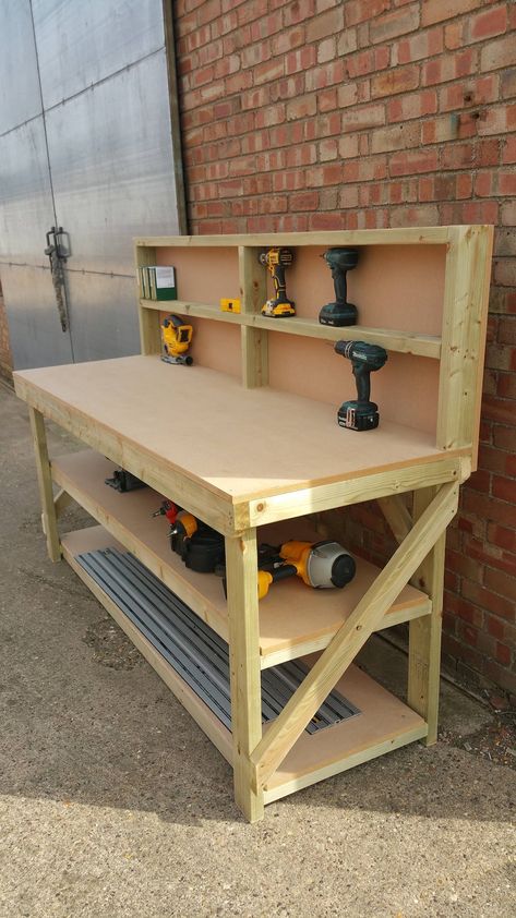 Wooden Workbench 18mm MDF Top With Back and Double Shelf - Etsy Ireland Wooden Workbench Ideas, Tool Shed Shelving Ideas, Shed Bench Workbenches, Workbench With Shelves, Diy Wood Working Table, Workshop Table Ideas, Diy Workbench Ideas, Garage Tool Bench Ideas, Diy Tool Bench