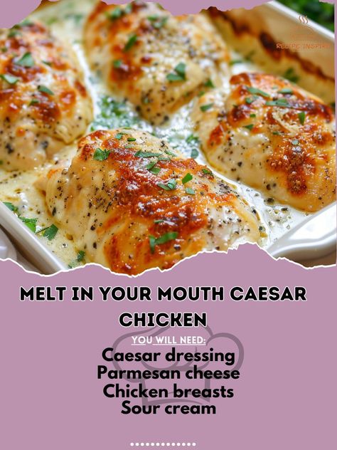 🧀 Enjoy the deliciousness of Melt in Your Mouth Caesar Chicken! #TastyChicken #QuickDinner Melt in Your Mouth Caesar Chicken Ingredients: Chicken breasts (4, boneless, skinless) Caesar dressing (1 cup) Parmesan cheese (1/2 cup, grated) Sour cream (1/2 cup) Garlic powder (1 tsp) Instructions: Preheat oven to 375°F (190°C). In a bowl, mix Caesar dressing, Parmesan cheese, sour cream, and garlic powder. Place chicken breasts in a baking dish. Spread the Caesar mixture over the chicken. Bake ... Cesar Dressing, Caesar Chicken, Caesar Dressing, Melt In Your Mouth, Chicken Thighs, Quick Dinner, Garlic Powder, Parmesan, Chicken Breast