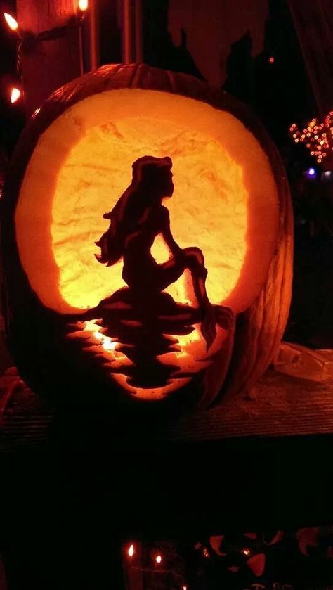 Mermaid Pumpkin Carving, Ariel Pumpkin, Little Mermaid Pumpkin, Mermaid Pumpkin, Cute Pumpkin Carving, Disney Pumpkin Carving, Scary Halloween Pumpkins, Halloween Pumpkin Carving Stencils, Pumkin Carving