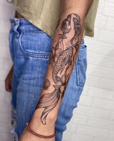 Triton Tattoo For Women, Large Mermaid Tattoo, Floral Ocean Tattoo, Mermaid Tattoo Arm, Ocean Forearm Tattoo, Mermaid Sleeve Tattoo, Mermaid Tattoo Sleeve, Mermaid Arm Tattoo, Arm Tattoos Color