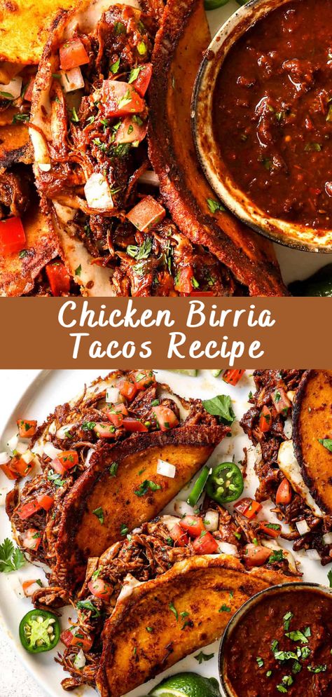 Chicken Birria Tacos Recipe - Cheff Recipes Chicken Barrio Tacos Recipe, Non Spicy Birria Tacos, Birria Egg Roll Recipe, Birria Seasoning Recipe, Queso Birria Tacos Recipe, Birria Tacos Chicken, Birria Chicken Tacos Recipe, Chicken Birria Recipe, Taco Recipes Chicken