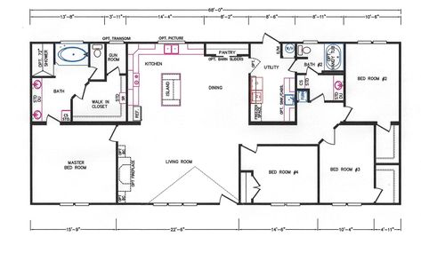 Brand new 32×72 4 Bed 2 Bath with Tons of upgrades!! This is a new open floor plan loaded with features. It has 42″ hardwood cabinets, rolled edge counter tops, double barn wood doors on the pantry, upgraded appliances, huge utility room with mop sink and extra counter tops and cabinets, 2×6 exterior walls with ... Rectangle House Plans, Bedroom Floor Plan, Mobile Home Floor Plans, Modular Home Floor Plans, Pole Barn House Plans, 4 Bedroom House Plans, Building Plans House, Floor Plan 4 Bedroom, Modern Ideas