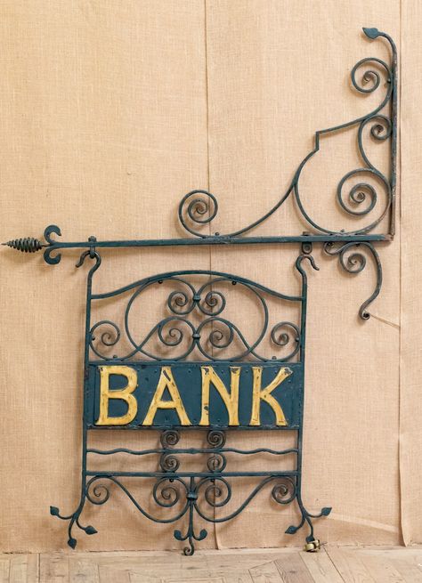 19th Century Wrought Iron Bank Trade Sign - Decorative Collective Wrought Iron Sign, Trade Sign, Sign Painting, Wall Mount Bracket, Selling Antiques, Green Paint, North Yorkshire, Painted Signs, Wrought Iron