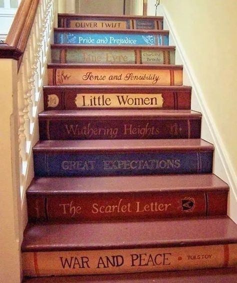 27 Best Painted Stair Ideas to Revamp Your Space Stairs With Words On Them, Cool Staircases, Stairs Painted Like Books, Stair Painting Ideas, Decorated Staircase, Decorated Stairs, Stairs Quotes, Staircase Painting, Stair Quotes