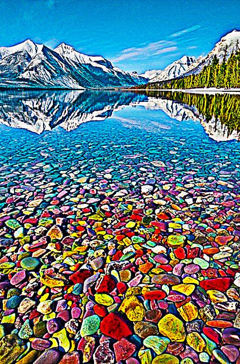 Colorful Pebble Shore Lake In Glacier National Park Montana Pics Pebble Shore Lake, Lake Montana, Stone Beach, Lake Mcdonald, Glacier National Park Montana, Glacier National, Glacier National Park, Nature Scenes, South Dakota