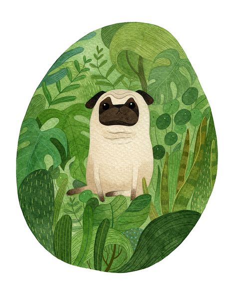 A Pug, Pug, Pet Portraits, Mixed Media, Pencil, Pet, Media, Plants, Green