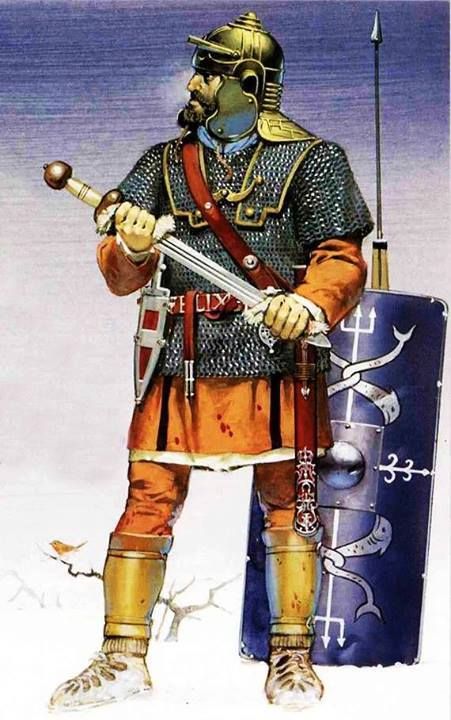 Naval infantryman (Indicated by the symbols on his blue shield). Early 3rd century CE. Late Roman Army, Historical Warriors, Roman Army, Roman Soldier, Germanic Tribes, Celtic Warriors, Ancient Celts, Roman Era, Rome Antique