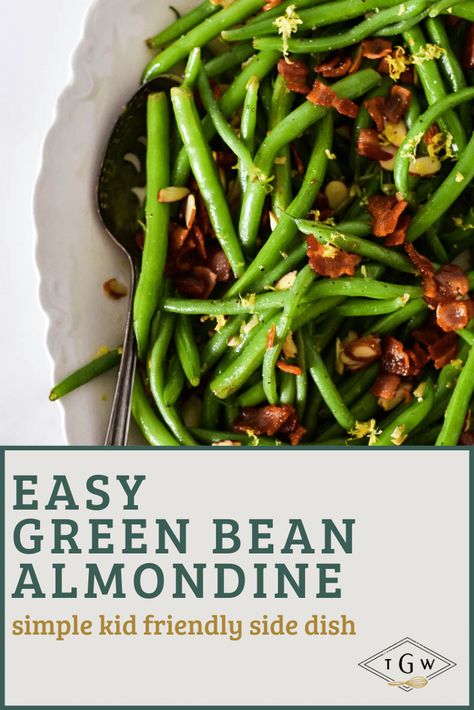 Green Bean Almondine is an easy and flavorful vegetable side dish that is fancy yet simple and to make. Kid friendly and quick, this classic French recipe will be a family favorite. Made with applewood smoked bacon, almond slices, and lemon zest, these green beans have a simple yet elegant and bright flavor. French Green Bean Recipes, Kid Friendly Side Dishes, Green Beans Almondine, Green Beans Side Dish, Easy Green Beans, French Recipe, Vegetable Side Dish, Flavorful Vegetables, Vegetable Side Dishes Recipes