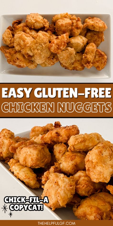 Recreate the famous Chick Fil A chicken nuggets with this gluten-free copycat recipe! Perfect for gluten free living, these fried chicken nuggets are quick, easy, and ideal for gluten free dinner. Enjoy the best gluten free Super Bowl food or Chick Fil A bites at home. Get the best easy gluten-free recipes, gluten free diet food and drink, lunches and dinners, special diet quick meals, family dinner, comfort food, and easy meals at thehelpfulgf.com! No Gluten Or Dairy Recipes, Simple Non Dairy Dinner Recipes, Quick Lunch Ideas Gluten Free, Celiac Snack Ideas, Inexpensive Gluten Free Meals, Gluten Free Toddler Lunch, Gluten Free Sauces For Chicken, The Best Gluten Free Recipes, How To Eat Gluten Free