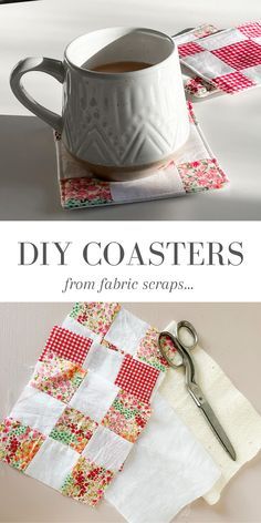 Sewing Projects Coasters, Cotton Fabric Ideas Sew, Diy Sewing Coasters, Mug Rugs Sewing Patterns, Mug Coasters Free Pattern, Easy Quilted Coasters, Homemade Coasters Fabric, How To Sew A Coaster, Sewing With Scraps Free Pattern