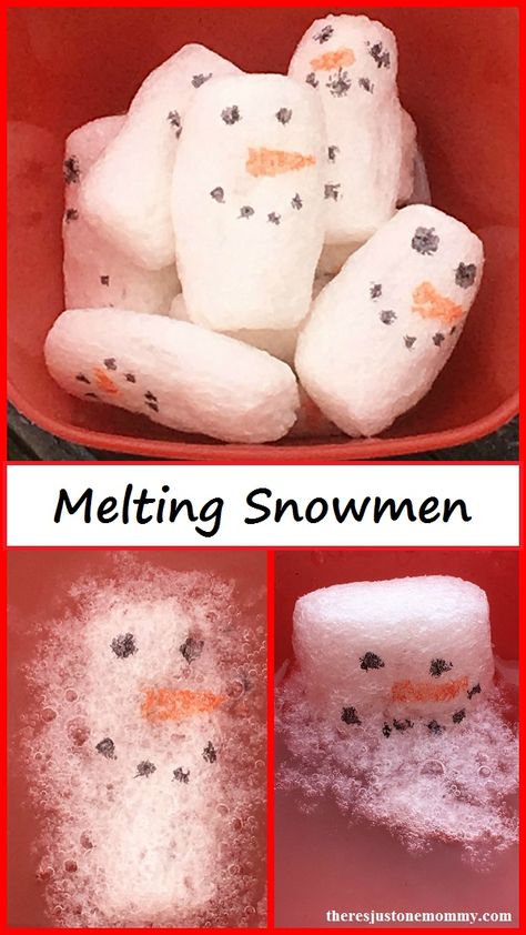 Melting Snowmen -- winter STEM activity using biodegradable packing peanuts Winter Stem Activities, Winter Stem, Melting Snowman, Snowmen Activities, Winter Science, Melting Snowmen, Christmas Science, Preschool Stem, Winter Kindergarten