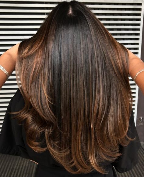 Molten Chocolate and Caramel Balayage Highlights Chocolate Caramel Hair Color, Rich Chocolate Hair Color, Chocolate Brown Hair Ideas, Light Chocolate Brown Hair, Black Hair With Brown Highlights, Caramel Balayage Highlights, Chocolate Blonde, Brown Hair Ideas, Dark Chocolate Hair