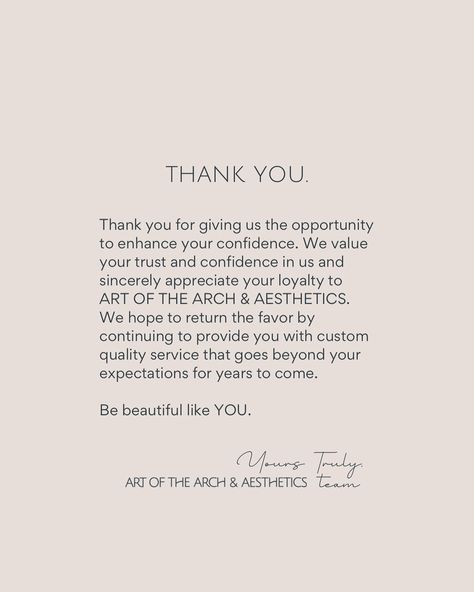 THANK YOU. To our valued client, please leave a “❤️‍🔥” emoji below so we can send you some love! Xx ART OF THE ARCH & AESTHETICS artistic team, Noël, Kristin, Gina Thank You To Clients Quotes, Thank You Instagram Post, Thank You Clients Quotes Salon, Grateful For My Clients Quotes, Thank You Clients, Thankful For My Clients Quotes, Thank You For Your Business, Thank You Clients Quotes, Thank U Quotes