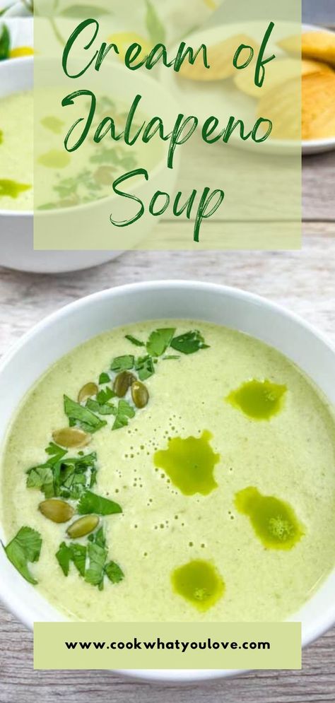 Creamy jalapeno soup in a bowl. Cream Of Jalapeno Soup Uses, Cream Of Soup, Cream Of Jalapeno Soup, Cream Of Cilantro Soup, Jalapeno Soup Recipes, Jalapeño Cream Soup, Poblano Cream Soup, Habanero Cream Soup, Cream Of Jalepeno Soup Recipe