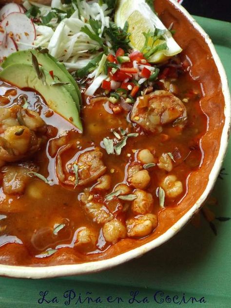 Pozole de Camaron-Shrimp Posole Shrimp Pozole Recipe, Shrimp Posole, Hominy Soup, Mexican Soups, Guajillo Sauce, Posole Recipe, Pozole Recipe, Mexican Soup Recipes, Chile Guajillo