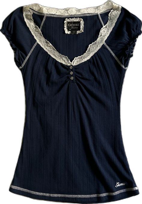 guess navy blue henley top with jeweled/rhinestone buttons and lace trim . #bellaswan #elenagilbert #fashion #inspo #dolly #dollette #y2k #thevampirediaries #twilight #2000sfashion Y2k Henley Top, Dark Blue Outfits Aesthetic, Blue Henley, Tøp Aesthetic, Blue Y2k, Navy Outfit, Henley Top, Navy Tops, Random Stuff