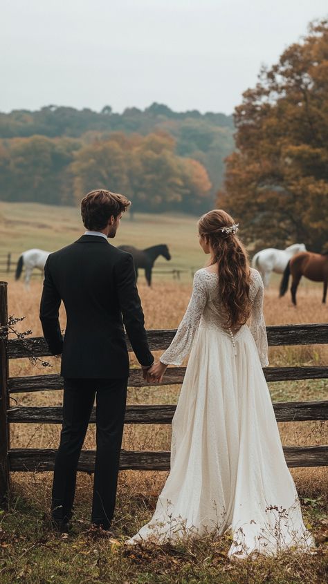 Horses In Weddings, Horse Farm Wedding, Horseback Wedding, Horse Wedding Ideas, Equestrian Wedding, Anniversary Vow Renewal, Bridal Couple, Horse Wedding, Dream Wedding Venues