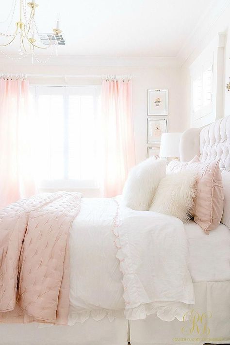 pink white girl's bedroom - satin pink quilt #bedroomsmaster White Girls Bedroom, E H, Chic Bed, Pink Bedroom Design, Girl Bedrooms, Pink Bedroom Decor, Dekorasi Kamar Tidur, Pink Bedrooms, Simple Bed