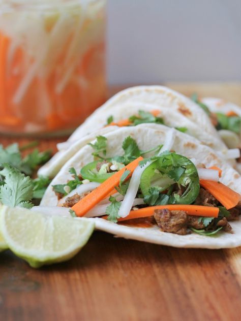 Vegan Banh Mi Tacos - Eat Figs, Not Pigs Bahn Mi Sandwich Recipe, Bahn Mi Tacos, Banh Mi Tacos, Vegan Banh Mi, Taco Thursday, Vietnamese Banh Mi, Soy Sauce Substitute, Tacos Vegan, Banh Mi Sandwich