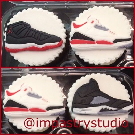 Air Jordan Cupcakes Jordan Cupcakes Ideas, Sneaker Cupcakes, Jordan Cupcakes, Cupcakes Ideas, 13th Birthday Parties, 13th Birthday, Cup Cakes, Grad Party, Grad Parties