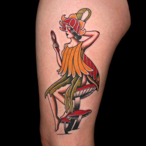 Fairy Tattoo by K Lenore Siner Old School Fairy Tattoo, Fairy Tattoo Traditional, American Traditional Fairy Tattoo, Traditional Fairy Tattoo, Fairy Pinup, Trout Tattoo, Traditional Tattoo Drawings, Whimsical Tattoos, Neo Tattoo