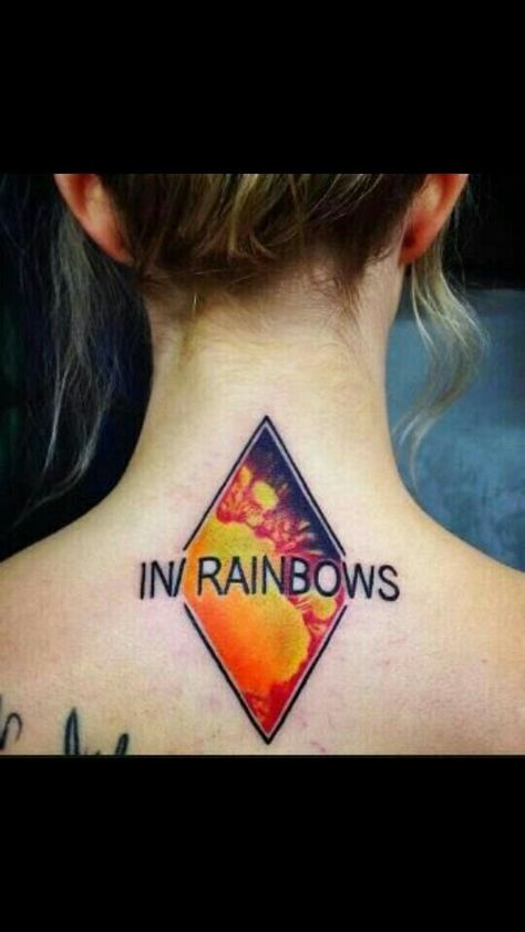 Weezer Tattoo, Nostalgic Tattoos, Radiohead Tattoo, Radiohead In Rainbows, In Rainbows, Tribute Tattoos, 90s Bands, Rainbow Tattoos, Fan Tattoo