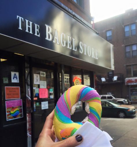 The Infamous RAINBOW BAGELS in Brooklyn, New York. A multi-colored baked good is the best breakfast by far... especially in the streets of NYC. Bagel Store, Rainbow Bagels, Rainbow Car, Baked Good, New York City Vacation, New York Food, The Best Breakfast, New York City Travel, Nyc Food