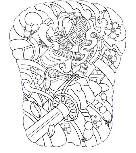 Samurai Full Back Tattoo Design, Traditional Japanese Samurai Tattoo Sleeve, Samurai Full Back Tattoo, Tato Irezumi, Traditional Japanese Tattoo Sleeve, Japanese Warrior Tattoo, Japanese Hand Tattoos, Dragon Head Tattoo, Samurai Warrior Tattoo