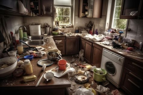 Photo kitchen messy dirty generate ai | Premium Photo #Freepik #photo #dirty-kitchen #dirty-dishes #messy-kitchen #dish-wash Messy Kitchen Aesthetic, Alien House, Photo Kitchen, Interior Drawing, Dirty Room, Broken Bottle, Dirty Kitchen, Messy House, Men Apartment