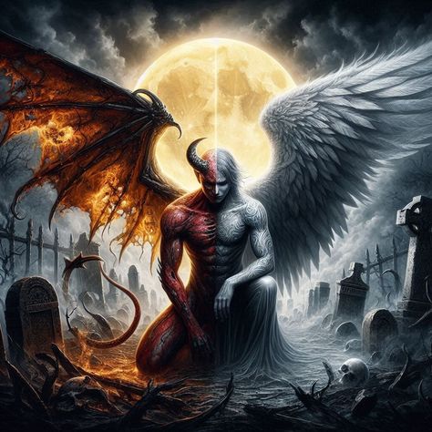 Evil Angel Art, Angel And Devil Art, Inner Demon Art, Half Good Half Evil, Angels Vs Demons, Angels Vs Demons Art, Half Angel Half Demon Art, God Vs Devil, Diablo Angel Art