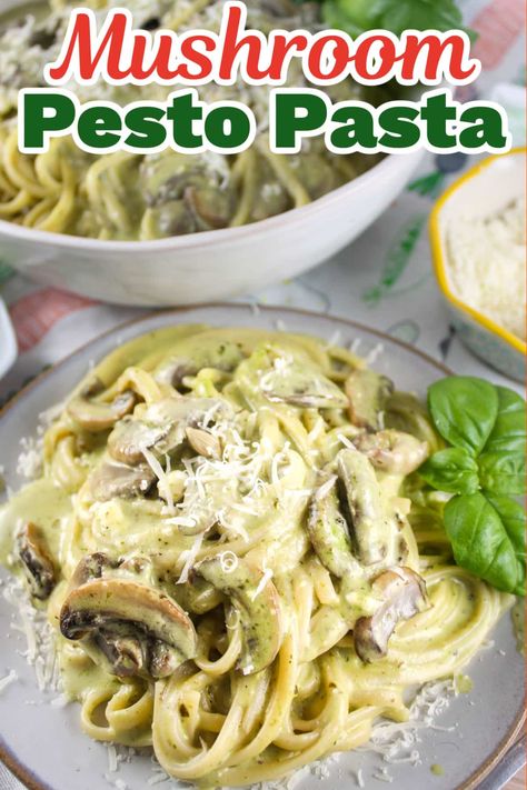 Pesto And Mushroom Pasta, Chicken Mushroom Pesto Pasta, Alfredo And Pesto Pasta, Pesto Pasta With Mushrooms, Jar Pesto Pasta Recipes, Pesto Mushroom Pasta, Pesto Meals, Mushroom Cream Sauce Pasta, Veggie Pesto Pasta