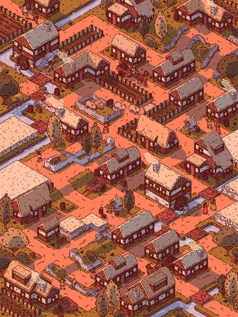 The Mazes on Behance Isometric Map, Pixel Art Landscape, Game Designer, Isometric Drawing, Board Game Design, Medieval Village, 8bit Art, Isometric Art, Medieval World